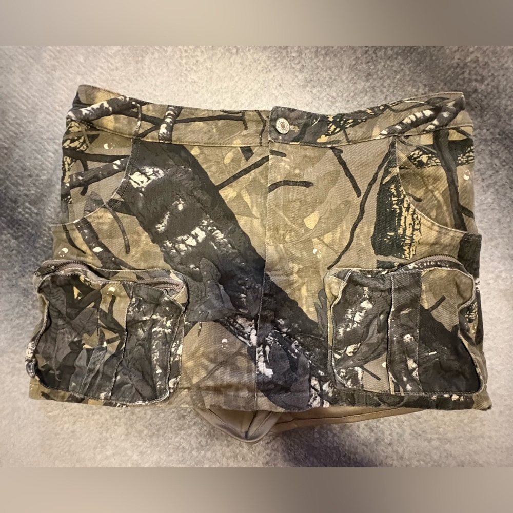 (B2) French Kiss Green Brown‎ Camo Denim Cargo Mini Skort Skirt L